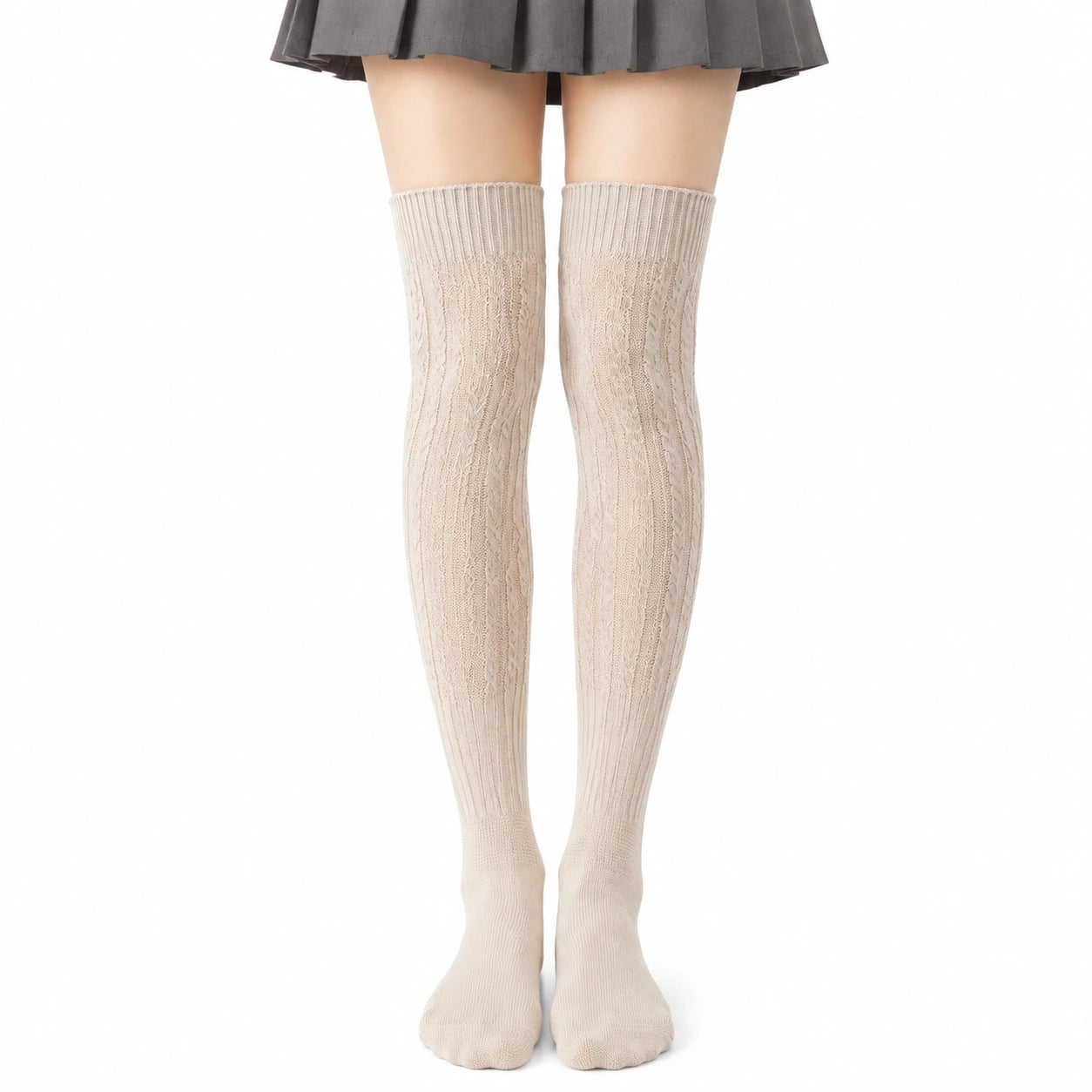 Chaussettes hautes 39-42 en maille textile beige à motif torsadé