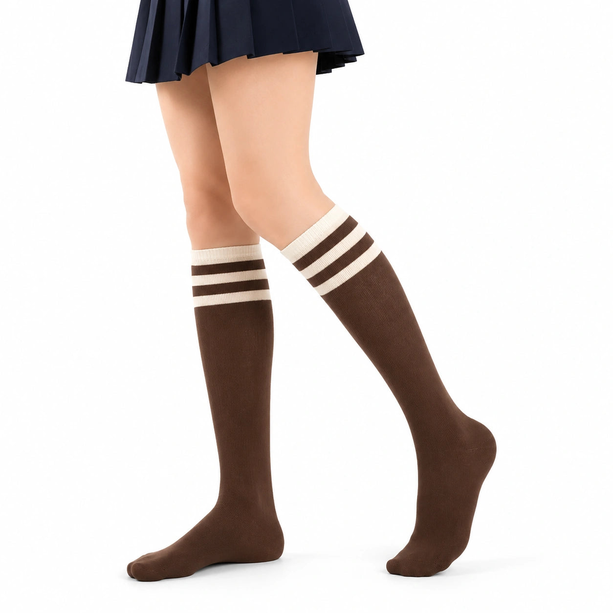 Chaussettes hautes 39-42 en textile marron et blanc à rayures style sportif