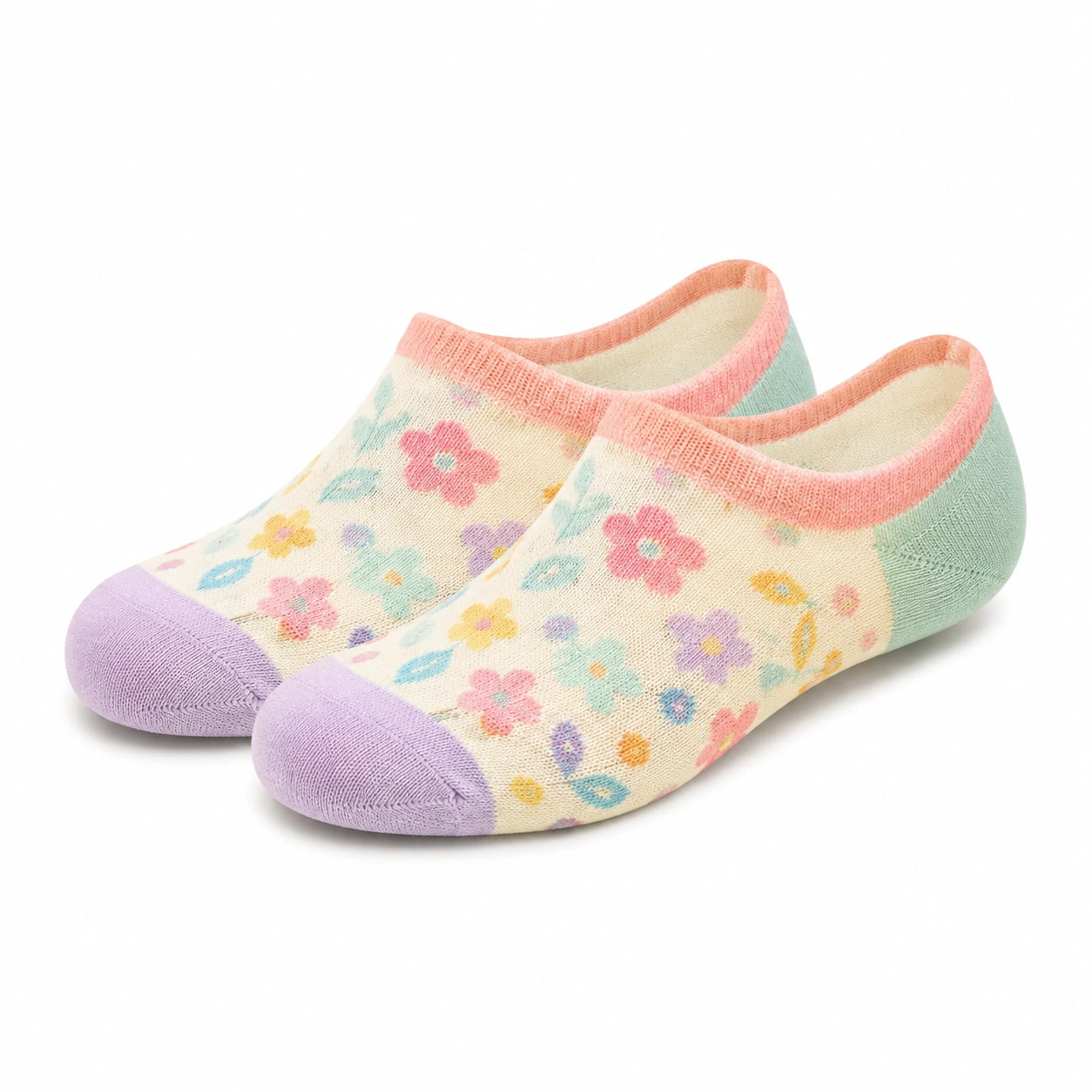 Chaussettes invisibles 43-46 en maille crème à fleurs multicolores style décontracté
