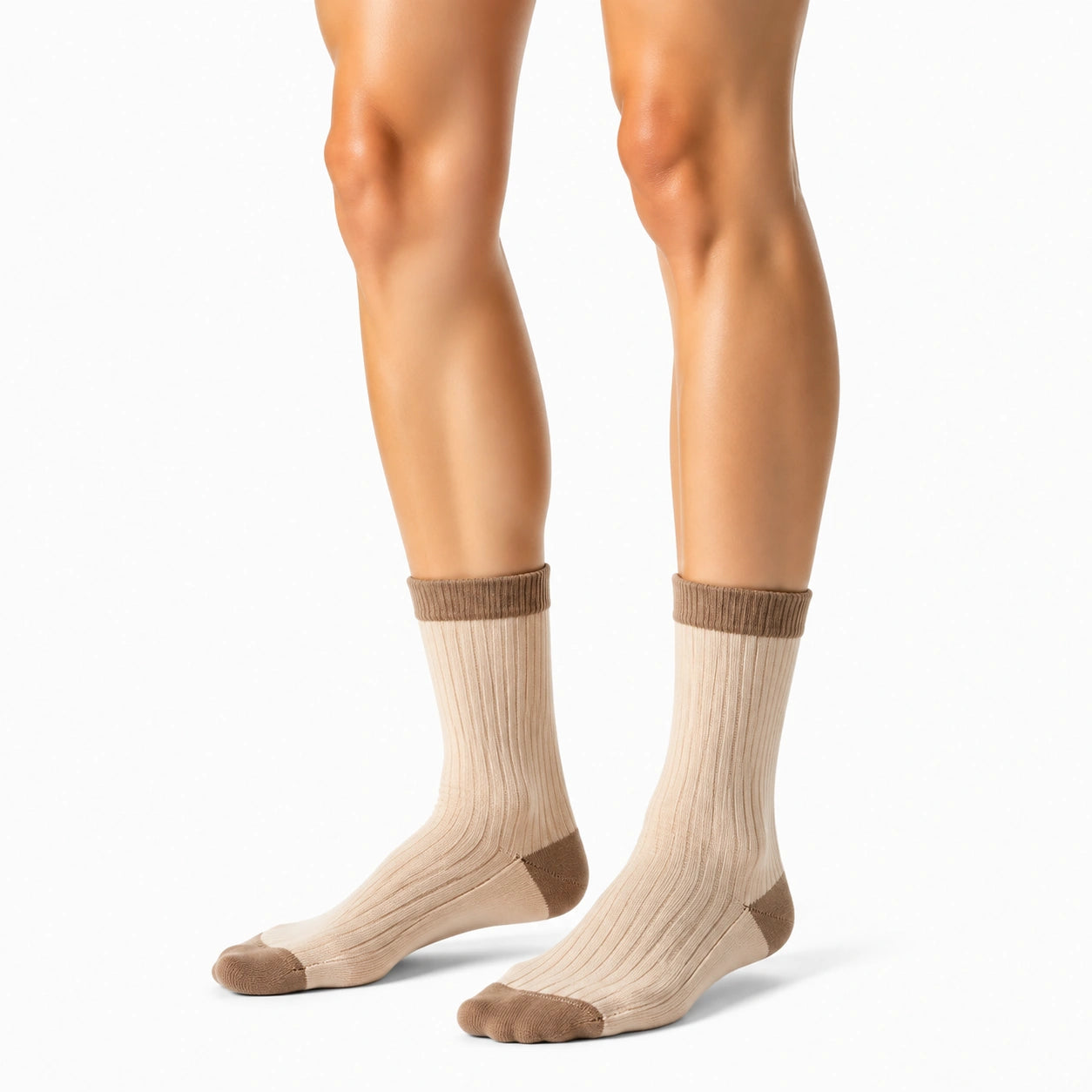Chaussettes mi-mollet 35-38 en maille côtelée beige et marron style décontracté