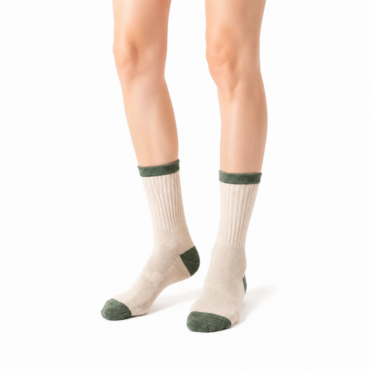 Chaussettes mi-mollet 39-42 en maille beige et vert côtelées
