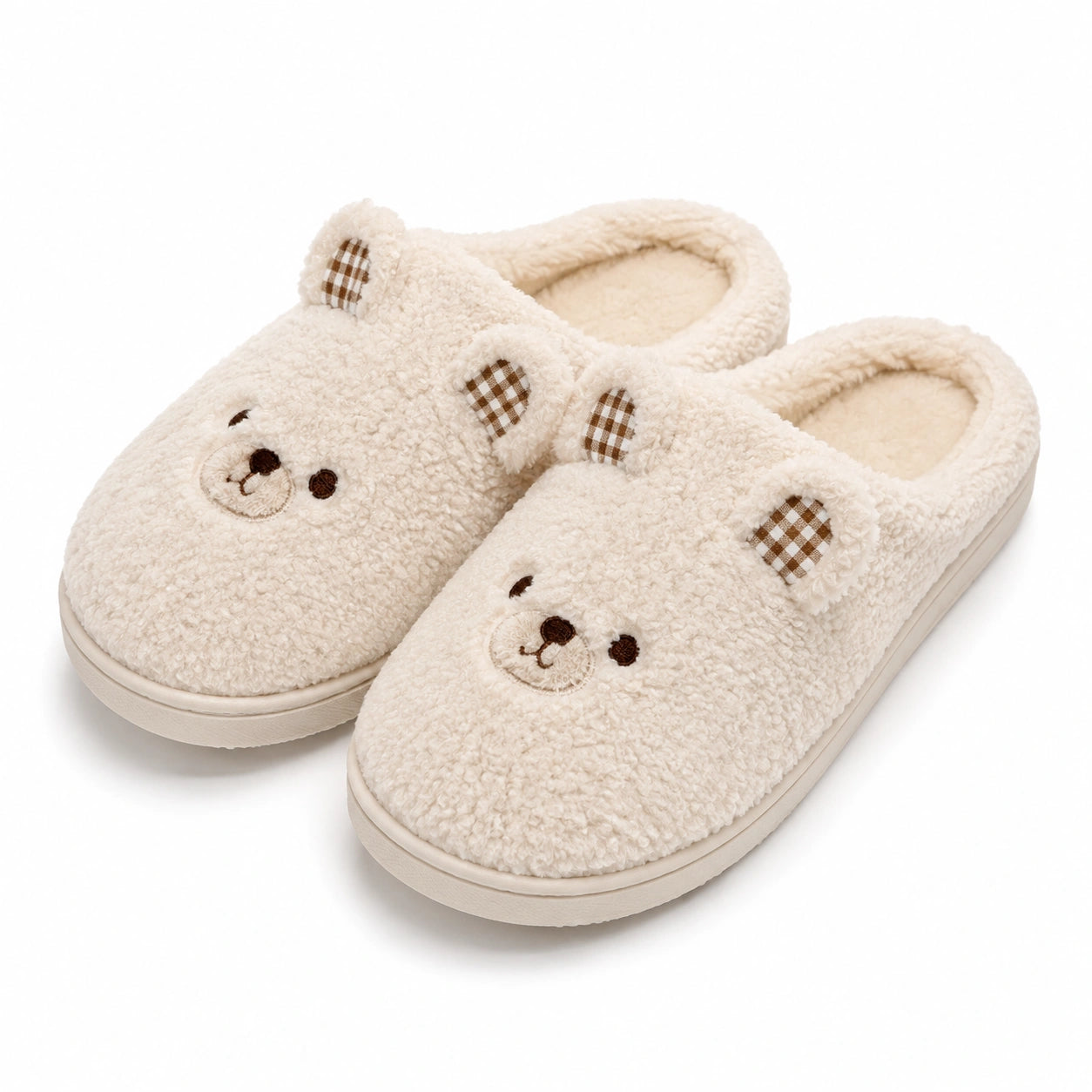Chaussons 42/43 en textile bouclé écru à motif ours pour intérieur