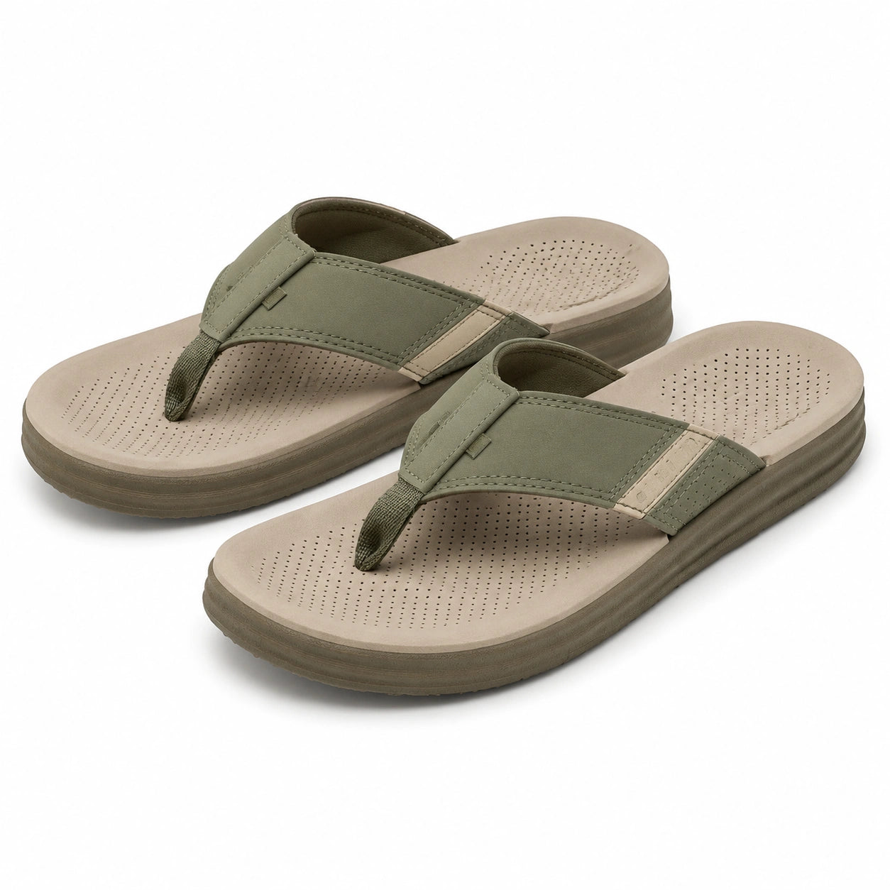Tongs taille 38/39 en textile kaki et beige à semelle perforée