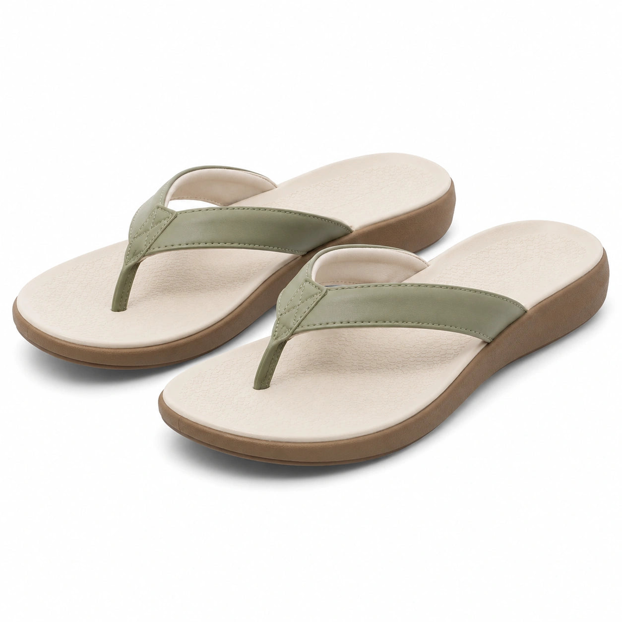 Tongs femme taille 38/39 en matière synthétique vert sauge et beige à semelle compensée